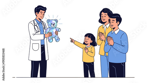 The Gift of Healing: A compassionate doctor presents a cherished teddy bear to a beaming child, as the family looks on with warmth and comfort. a scene of hope and care.