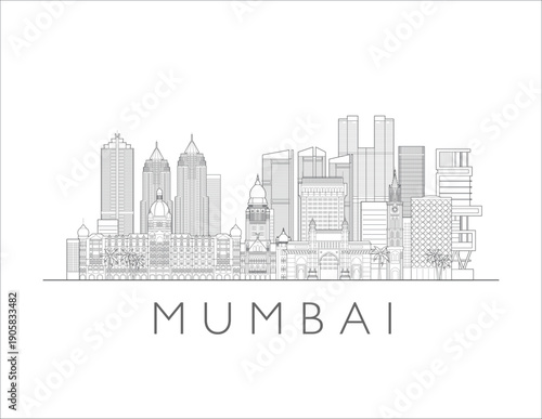 Mumbai skyline, India. Urban cityscape with landmarks and monuments. Hand drawn line art digital skyline illustration.
