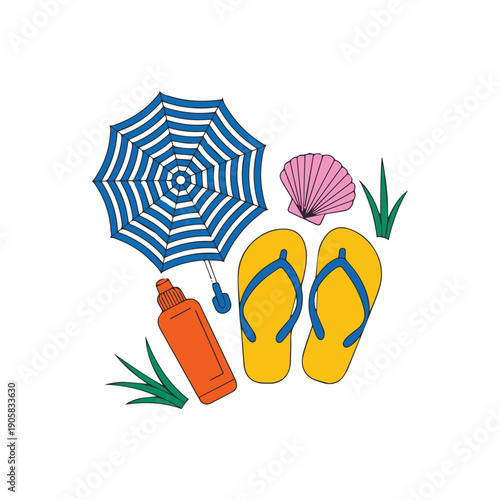 Beach vacation essentials colorful flat vector illustration for tour, adventure and travel activities