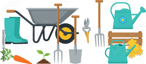 Gardening tools and equipment set with wheelbarrow watering cans boots shovel and gloves flat vector illustration
