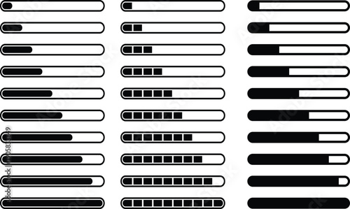Modern progress bar and loading indicator icon set with multiple percentage levels. Perfect for UI/UX design, dashboards, apps, and web interfaces.