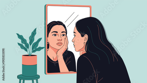 Sad or pensive young woman looking at her reflection in a mirror while resting her chin on her hand in a quiet room.