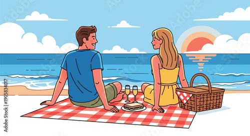 Couple having a romantic picnic on the beach at sunset