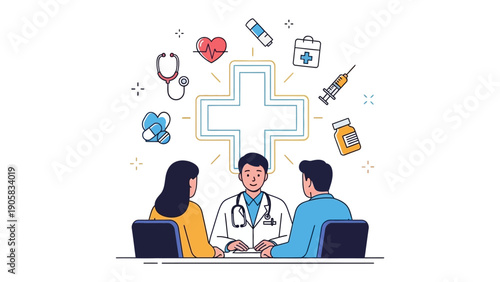 Medical Consultation: A doctor provides patient care with iconographic elements, conveying the essence of medical care, including a stethoscope, heart, and medicine elements in the scene. 