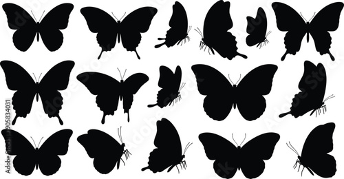 Butterfly silhouette illustration set, sixteen black figures with varied wing shapes orientations species diversity, vector artwork, insect and nature theme, isolated background