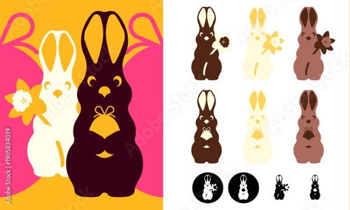 Chocolate Easter bunny with daffodil flowers and egg flat design