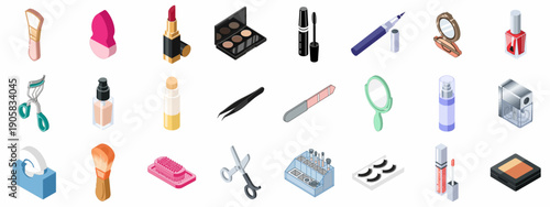 Comprehensive Isometric Collection of Makeup, Cosmetics, and Beauty Tools: Lipstick, Brushes, Foundation, Eyeliner, and Essential Personal Care Accessories.