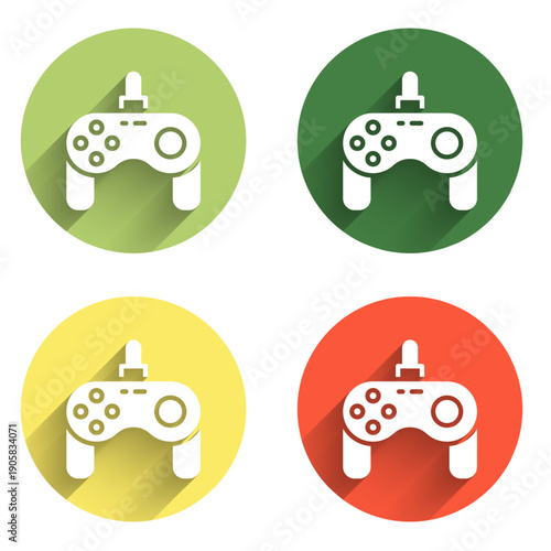 Set Gamepad icon isolated with long shadow background. Game controller. Color circle button. Vector