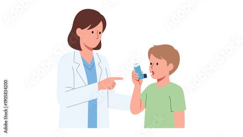 Asthma Treatment Demonstration: A compassionate healthcare professional guides a young patient through the proper use of an inhaler, promoting respiratory wellness and understanding of medical care.