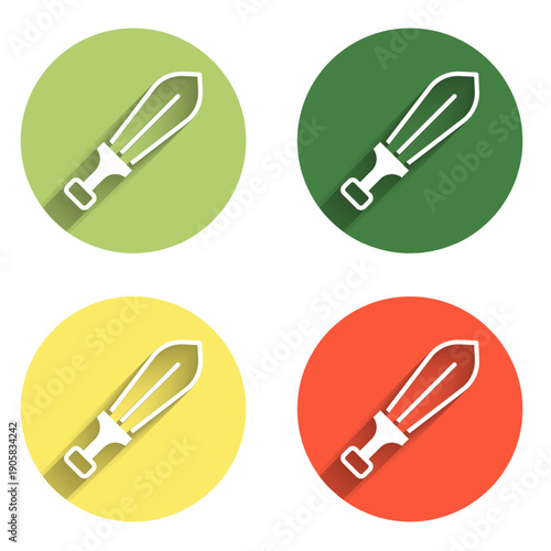 Set Sword toy icon isolated with long shadow background. Color circle button. Vector