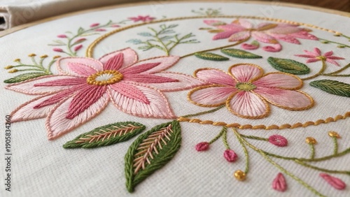 Hand Embroidered Floral Textile Fabric Close Up