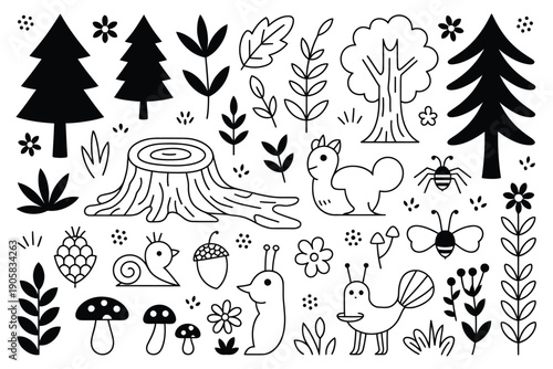 Tree silhouette illustration with forest animals and plants