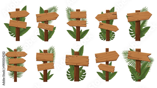 Collection of wooden directional signs decorated with tropical palm leaves and various exotic jungle plants for travel.