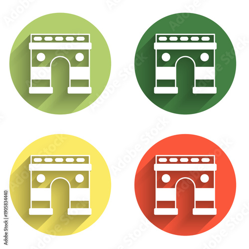 Set Triumphal Arch icon isolated with long shadow background. Landmark of Paris, France. Color circle button. Vector