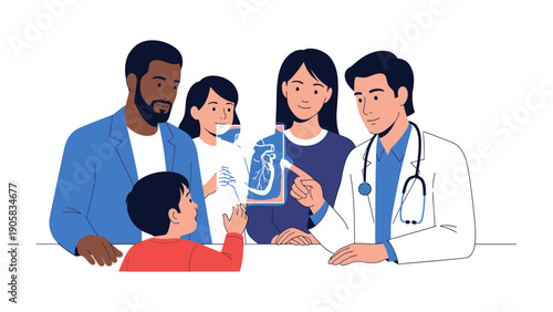 Family Consultation: A caring physician explains the scan to a family, symbolizing trust, healthcare, and patient-centered care.
