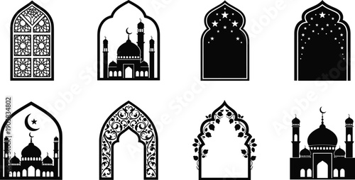 Black and white islamic archway silhouettes with mosque and star