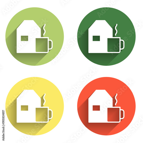 Set Cup of tea with milk icon isolated with long shadow background. Color circle button. Vector