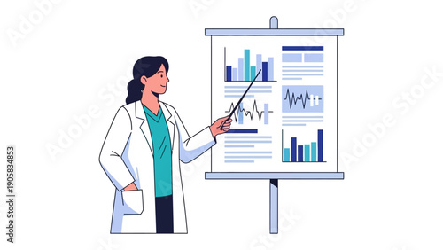 Presenting the Presentation: A female medical professional points to a chart. Her work is related to study and education.