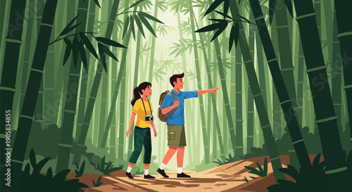 Young couple hiking through a lush green bamboo forest with camera