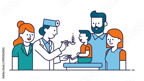 Caring Hand: A compassionate physician administers medicine to a young child, supported by their loving family in a scene of health and care.