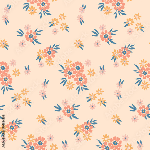 Seamless floral pattern, liberty ditsy print in delicate pastel colors. Cute botanical textile folk motif design of small hand drawn flowers, mini leaves, simple tiny bouquets. Vector illustration.