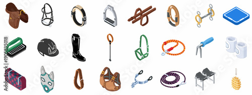 Horse riding equipment and equestrian gear isometric icons set, featuring saddles, tack, apparel, and stable tools in vector illustration.