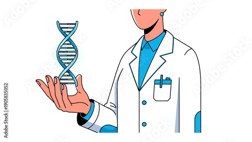 DNA Discovery: A person in a lab coat delicately holds a symbolic DNA strand, highlighting the beauty of genetic code in a scientific field.