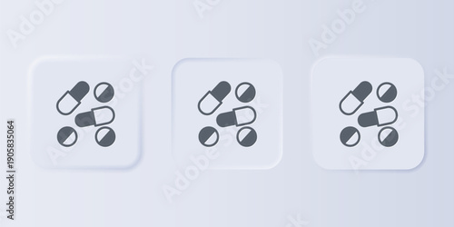 Grey Medicine pill or tablet icon isolated on grey background. Capsule pill and drug sign. Pharmacy design. Set icons in square buttons. Vector