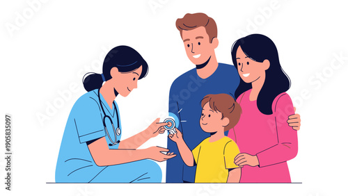 Healthcare Family Visit: A friendly and approachable medical professional provides expert care to a family, emphasizing health and well-being.
