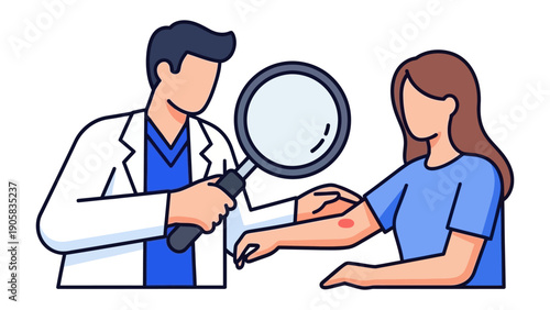 Dermatological Examination: A dermatologist utilizes a magnifying glass to examine a patient's skin, symbolizing professional medical care and diagnosis.