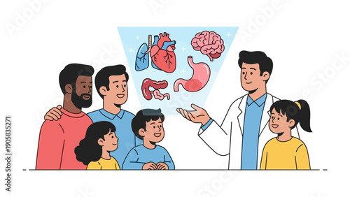 Doctor Explaining Anatomy: A medical professional engages a diverse group of people, sharing insights into human anatomy. The illustration underscores the significance of health, education.