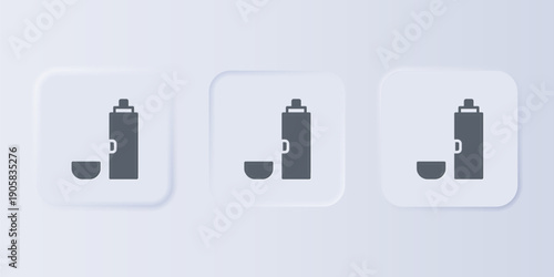 Grey Thermos container icon isolated on grey background. Thermo flask icon. Camping and hiking equipment. Set icons in square buttons. Vector