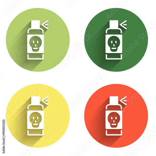 Set Spray against insects icon isolated with long shadow background. Color circle button. Vector