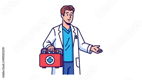 Medical Expert’s Helping Hand: A compassionate doctor, clad in a crisp lab coat, extends a welcoming hand, with a medical kit nearby, embodying care and assistance in healthcare.