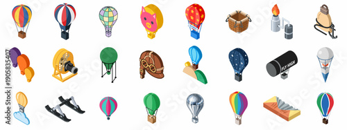 Isometric Hot Air Balloon Icons Set: Variety of Balloons, Baskets, Burners, and Flying Adventure Accessories for Aviation Design.