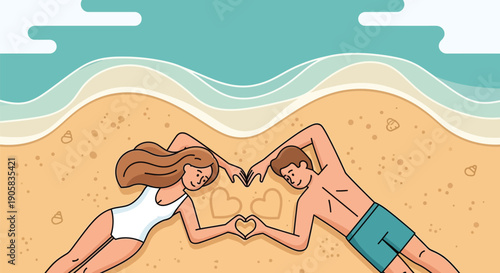 Young couple lying on sand making heart shapes with hands at beach