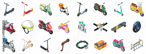 Isometric icon set of electric scooters, classic mopeds, motorcycles, delivery transport, parts, and accessories for personal urban mobility.