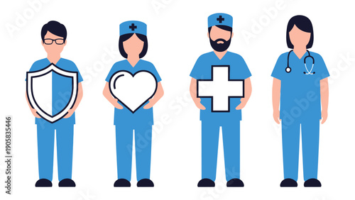 Healthcare Heroes: A group of dedicated healthcare professionals, each holding symbolic elements of protection, compassion, and healing, stand united, embodying the spirit of care.