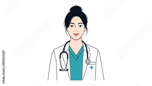 Empathetic Doctor's Portrait: An illustration showcasing a compassionate doctor with a stethoscope, poised and ready to care for her patients