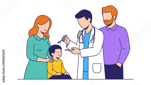 Pediatric Checkup with the Family: A friendly medical professional conducts a routine examination of a young child, the parents provide reassurance during this important checkup.