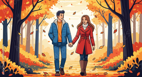 Happy young couple walking through autumn forest holding hands