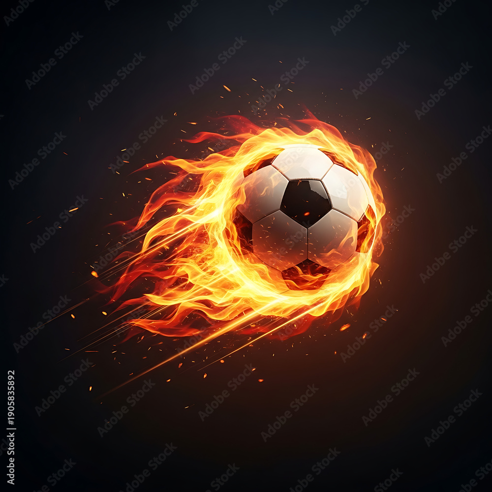Fototapeta premium Soccer Ball Engulfed in Flames on Dark Background