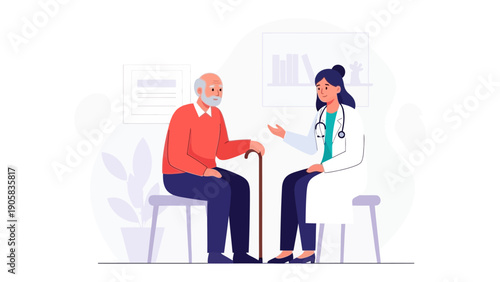 Healthcare Consultation: A doctor and an elderly patient engage in a medical consultation, with the patient seated and the doctor gesturing in a supportive and informative manner.