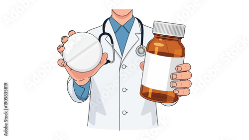 Medical Consultation: A medical professional offering a pill and a bottle, symbolizing care and treatment. 