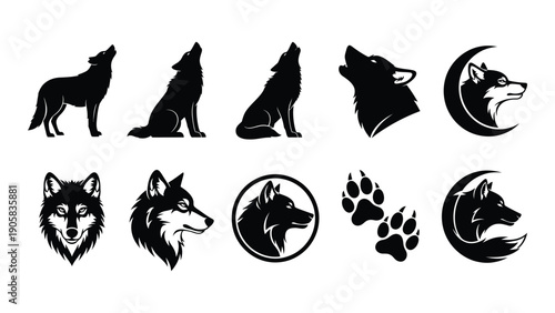 Collection of wolf and moon symbols in black and white illustration Vector