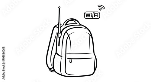 Backpack with antenna and Wi-Fi symbol represents portable internet connectivity on the go.