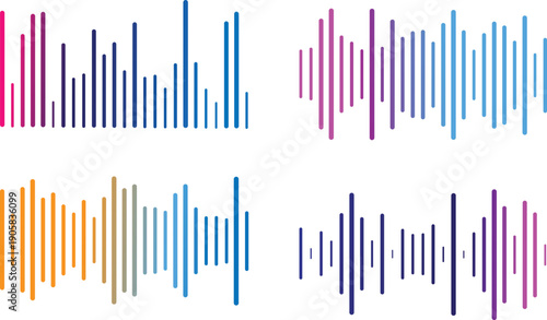 Podcast sound wave visualization with neon gradient waveform for digital audio streaming and broadcasting. Blue to purple frequency bars on black bg display rhythm dynamics for modern media interface