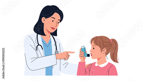 Doctor and Patient Interaction: A compassionate doctor guides a young girl on how to use an asthma inhaler, emphasizing healthcare and well-being.