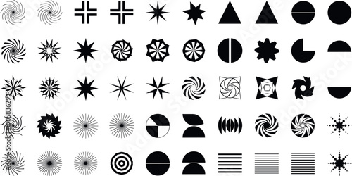 Comprehensive minimal geometric shape and starburst icon set featuring spirals radiating stars circles halves waves and abstract symbols