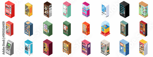 Collection of various colorful isometric vending machines for snacks, drinks, services, and diverse products, isolated on a white background.